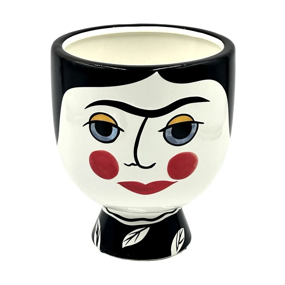 Hand Painted Face Planter Modern Art Ceramic Vase Black White Red Lips Decor